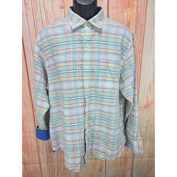 Tommy Bahama Mens Multi-Color Plaid Button-Up Shirt Large Linen Blend - Picture 1 of 6